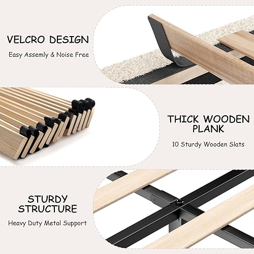 Miniatura 7 de Base de cama Boucle de tamaño Queen, plataforma tapizada con cabecera ajustable en altura y esquinas redondeadas suaves, sin ruido, fácil montaje,