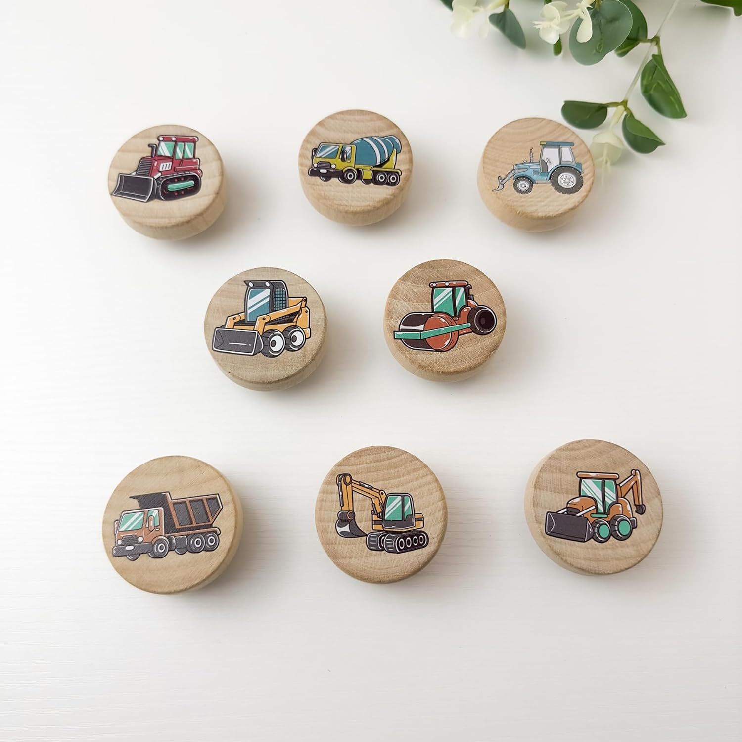 Set of 8 Wood Kids Boy Nursery Room Construction Vehicle Trucks Cabinet Furniture Dresser Drawer Knobs and Pulls 1.8 X 1.8 Inches