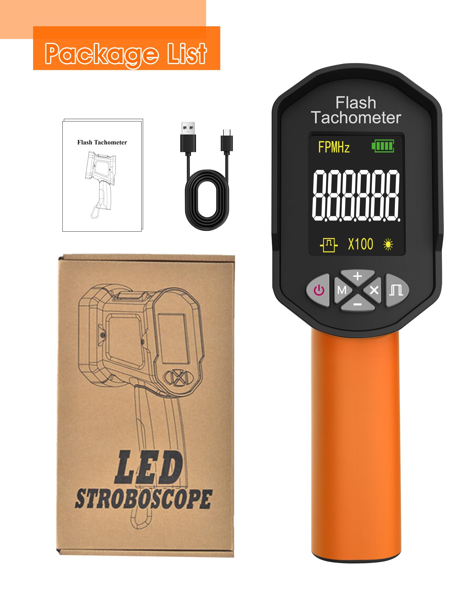 Stroboscopio LED 60–100.000 giri/min, WapoRich tachimetro digitale senza contatto con 16 LED, ricaricabile USB, display LCD per motori e ventole