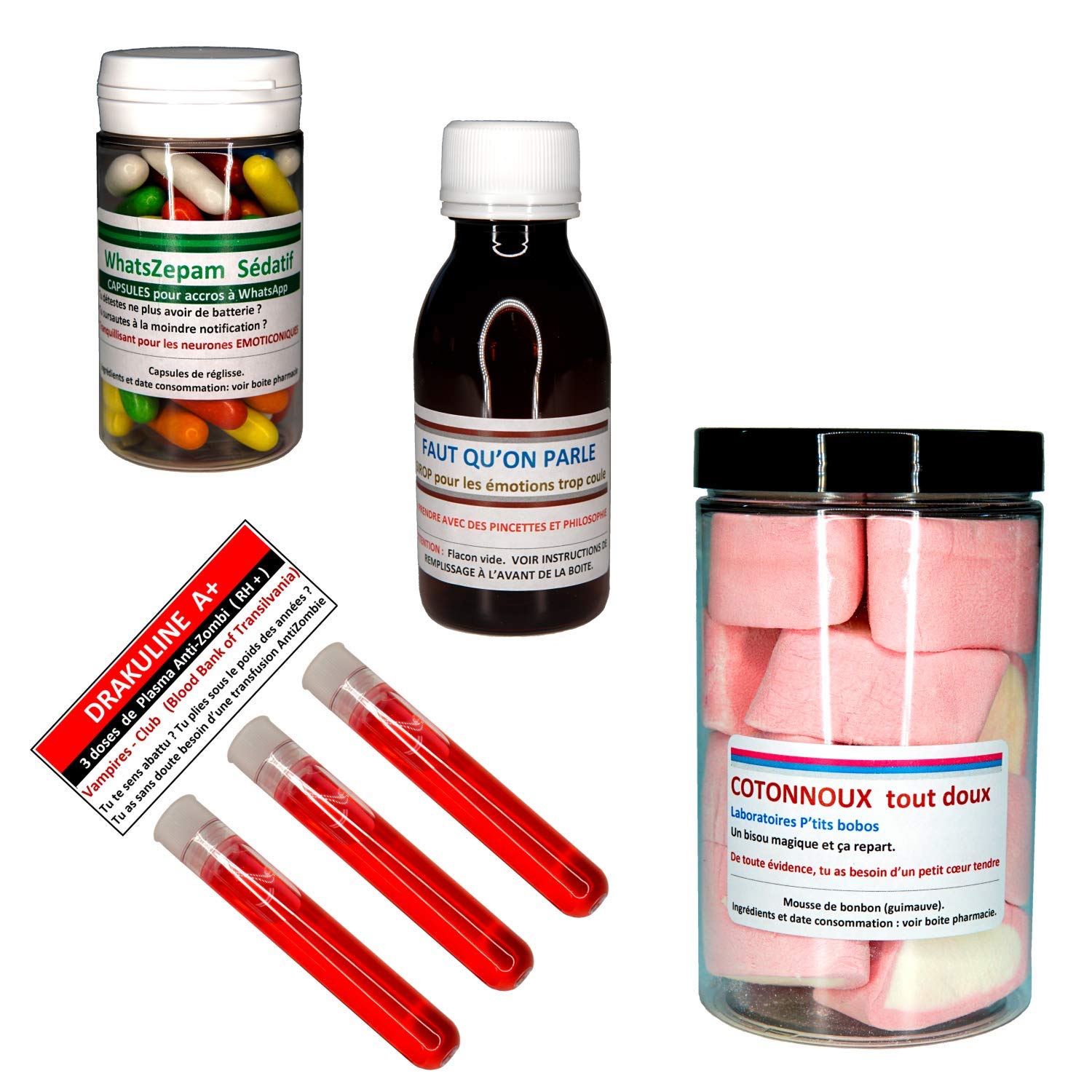 Cadeau anniversaire original. Remèdes pour passer le cap. Boite à pharmacie avec 10 imitations de médicaments. Contient des bonbons