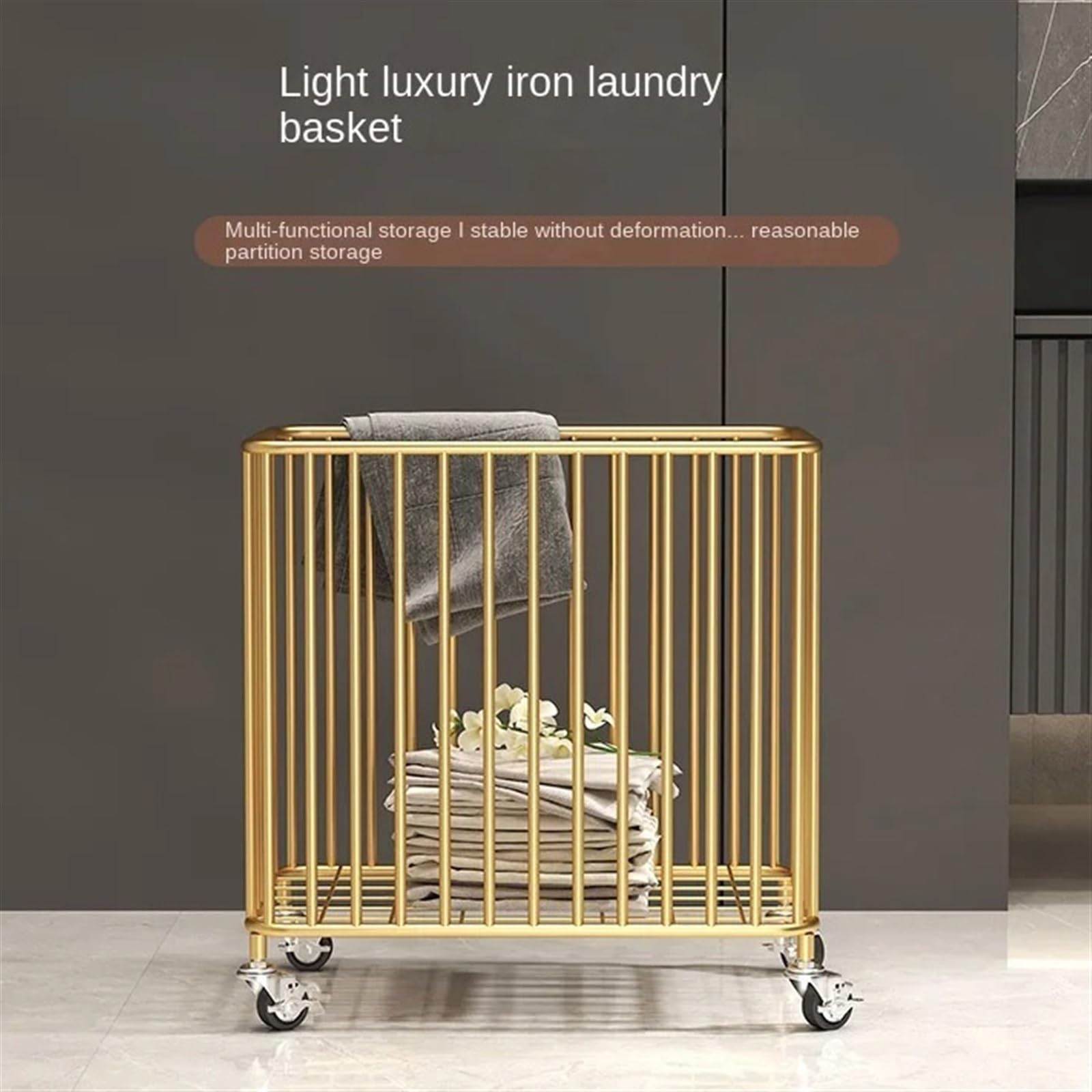 Wäschekorb Wäschekorb New Nordic Luxus Schmutzige Kleidung Korb Lagerung Gold Eisen Körbe Multi-funktionale mit Rädern Wäschesammler(Gold)