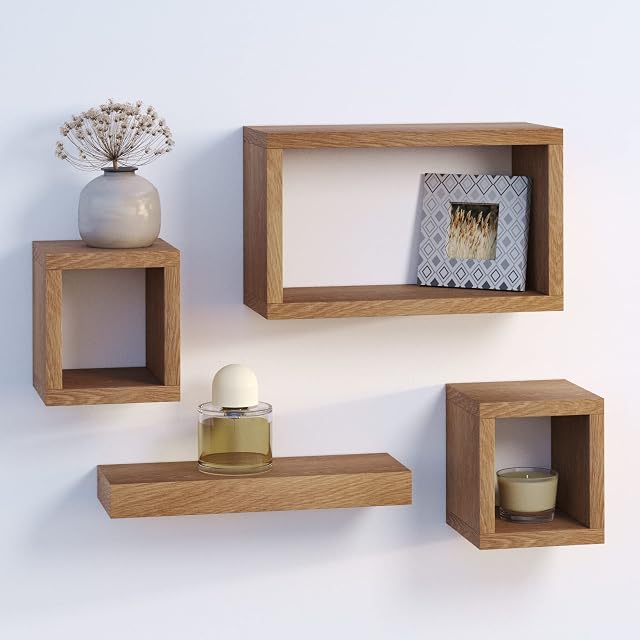 URBNLIVING Set Of 4 Oak Hanging Wooden Floating Shelves