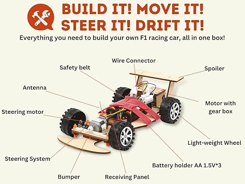 Miniatura 2 de Kit de Ciencia de Pica Toys Coche de Carreras F1 con Control Remoto Inalámbrico de Madera para Construir (Rojo), Proyecto STEM para Niños de 8, 9,