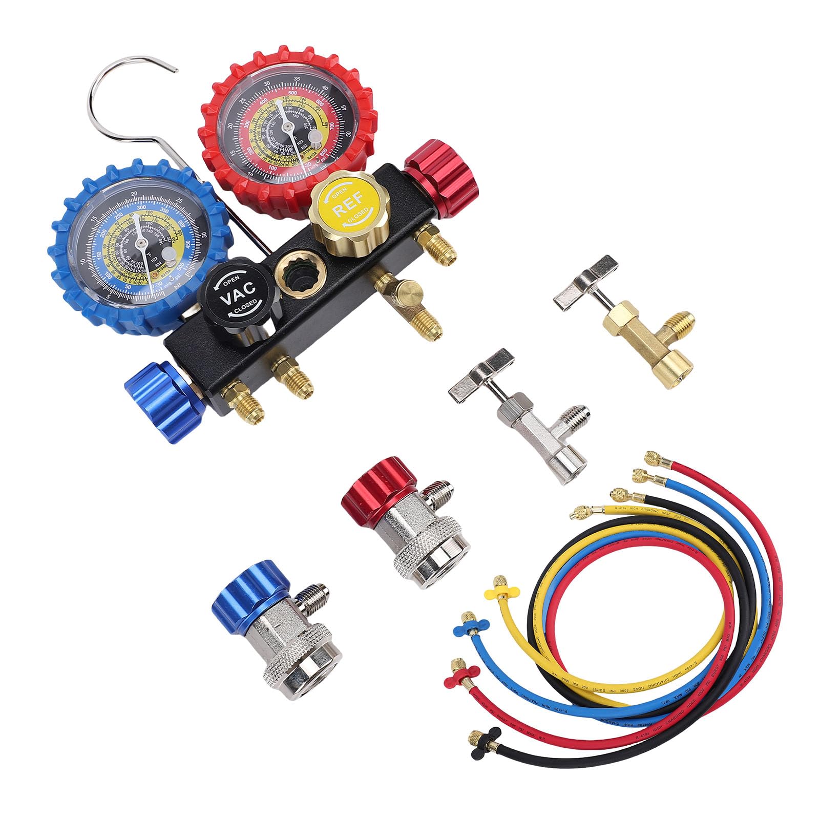 Keenso Juego de Manómetros de Colector de CA, Kit de Carga de Refrigerante de Aire Acondicionado Automotriz de Latón con Manguera de 4.92 Pies y Válvula de Seguridad, para