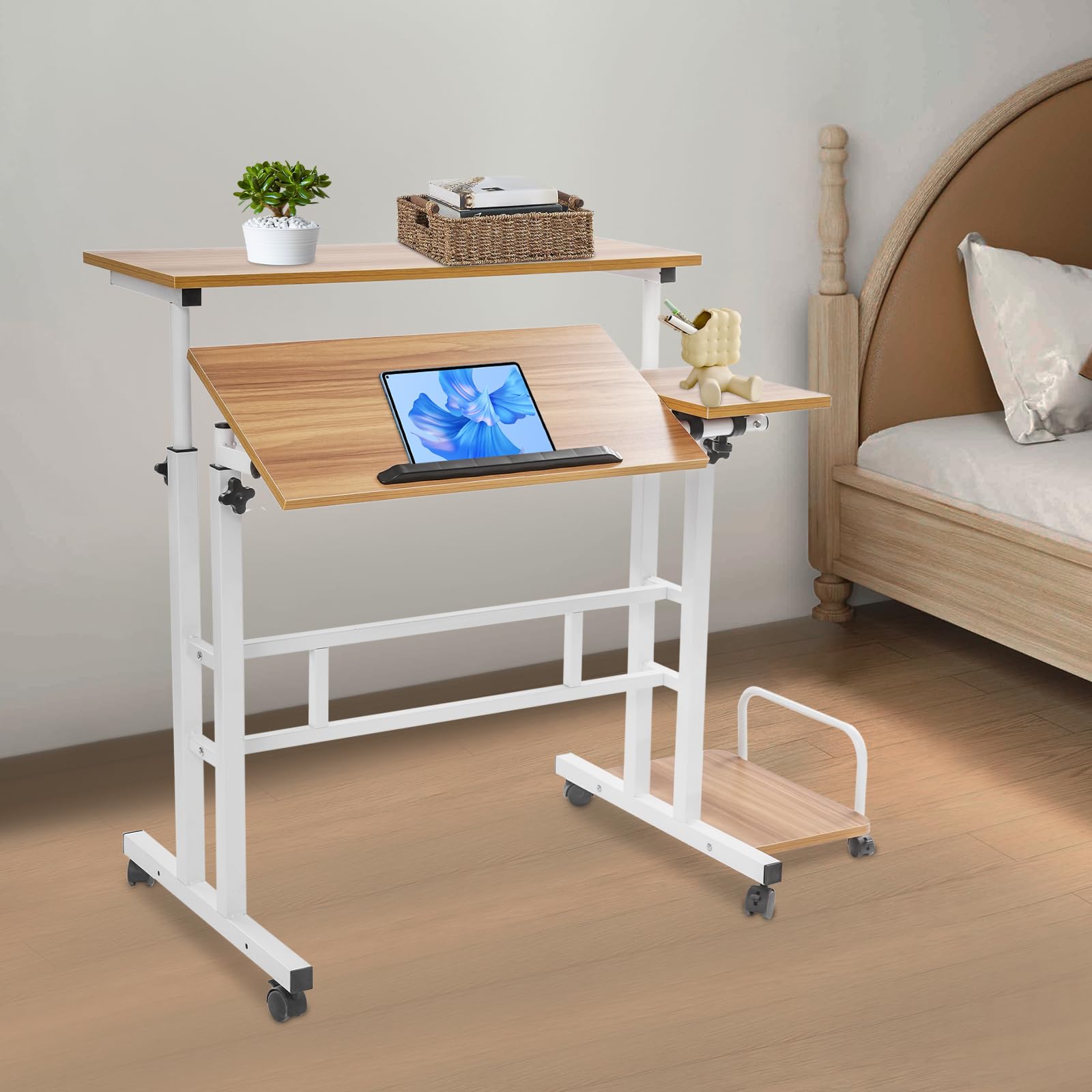 80 x 60 cm, scrivania regolabile in altezza, scrivania per computer portatile con 6 ruote, tavolo per PC portatile, supporto per casa, ufficio, noce chiaro