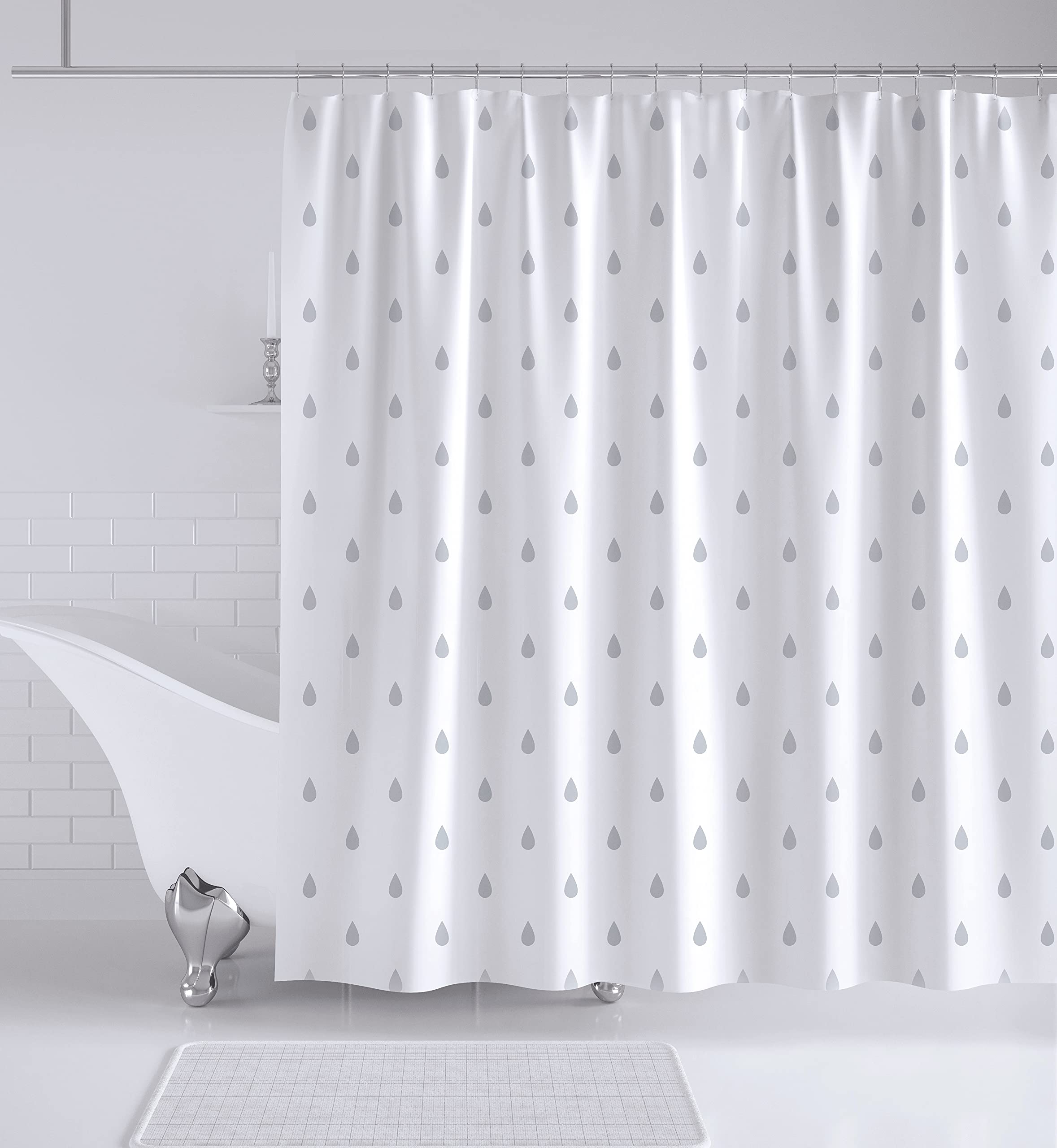 YOUNG DA - Duschvorhang Textil Weiß Grau Regentropfen, Anti-Schimmel Duschvorhang für Badezimmer, Waschbare, Wasserdichter mit 12 Duschvorhängeringen, 180x180 cm