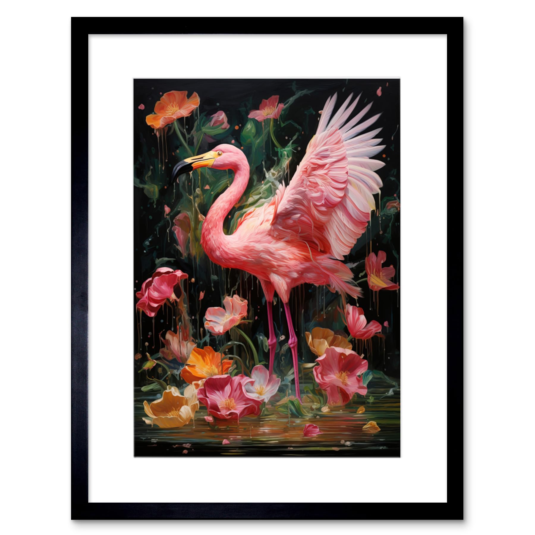 Artery8 Framed Black 9X7 Flamboyant Flamingo Feathers Artwork Bird In The Rain Vibrant Pink Orange Green Artwork Framed Wall Art Print 9X7 Inch