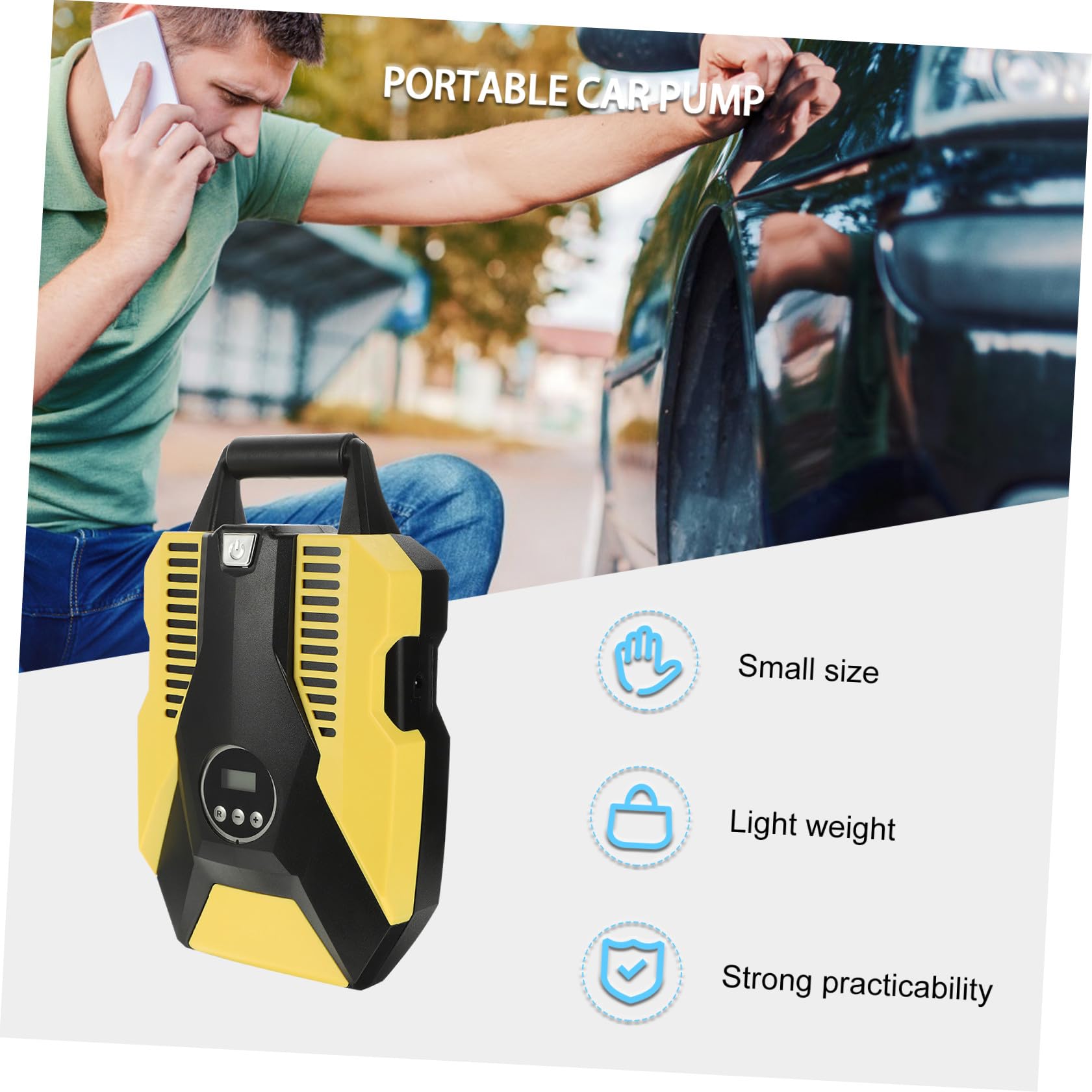Cabilock Inflador Portátil Función de Parada Automática para Neumáticos de Coche Material Abs y Cobre, Color Amarillo y Presión Estable con Bomba de Aire Eléctrica