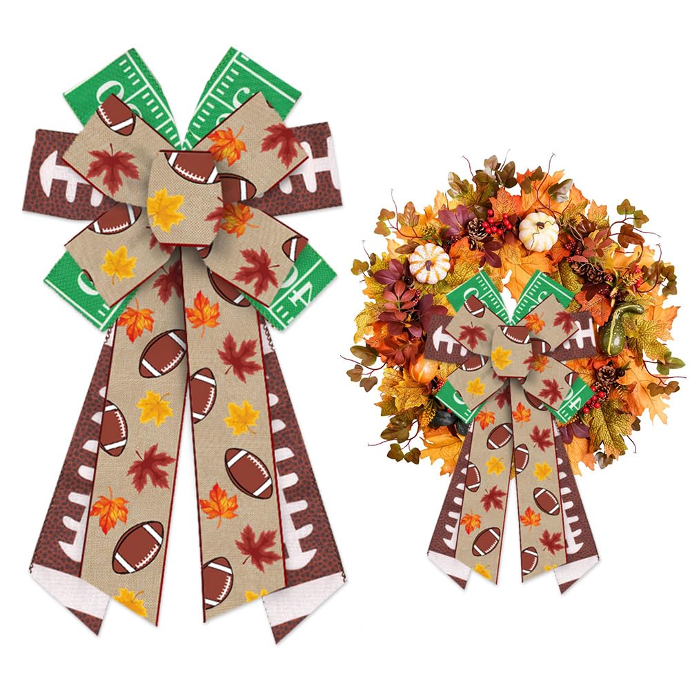 ALIBBON Large Fall Bows for Wreaths, Thanksgiving Wreath Bows, Super Bowl Bows, Green Brown Bows for Front Door, Football Party Supplies Decor, Burlap Bows for Wreath Indoor Outdoor Decor