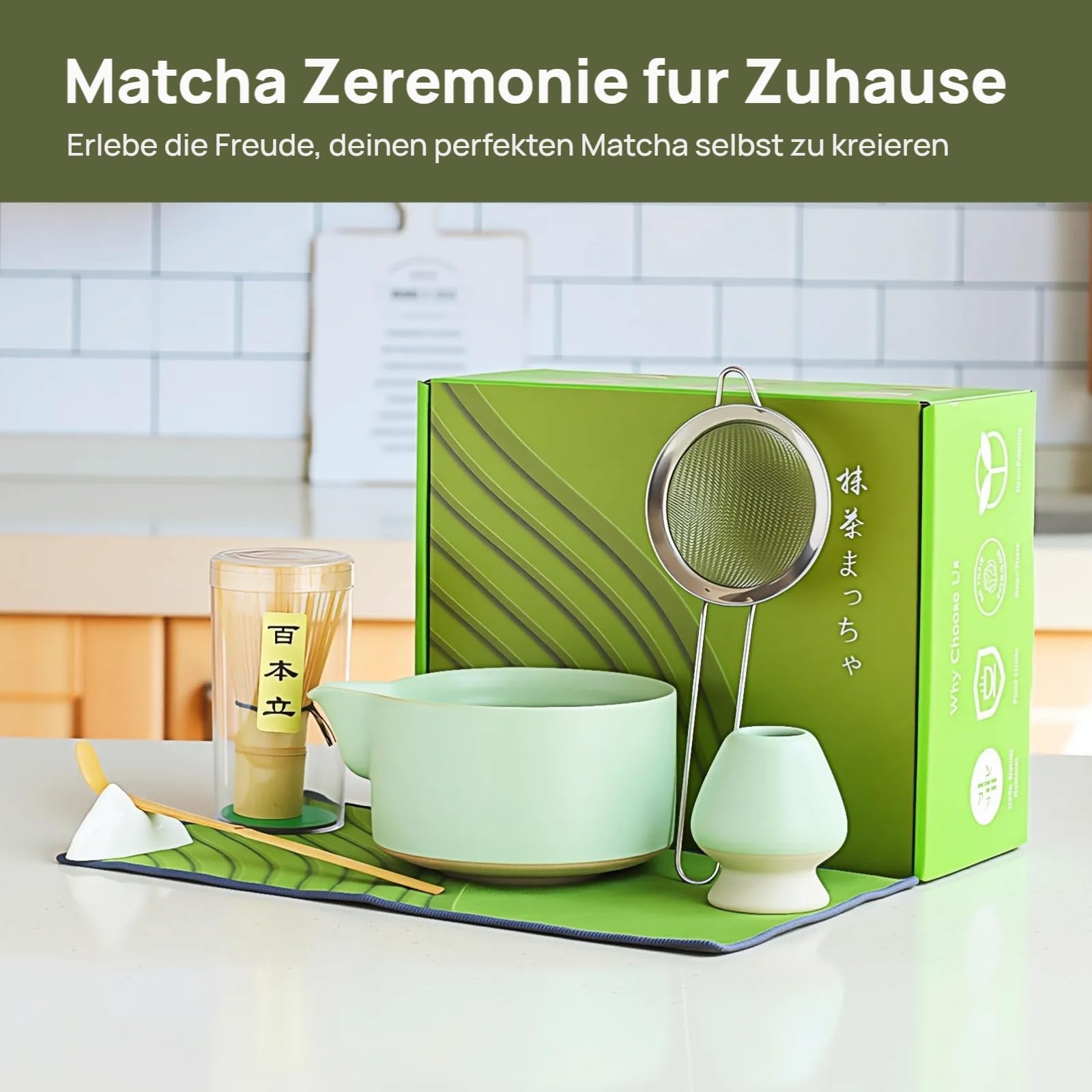 Matcha Set 7-tlg, Hellgrün Matcha Schale aus Keramik mit Matcha Besen aus Bambus und Besenhalter, Sieb, Löffel & Tee-Tuch für Matcha-Zeremonie zu Hause oder als Geschenk