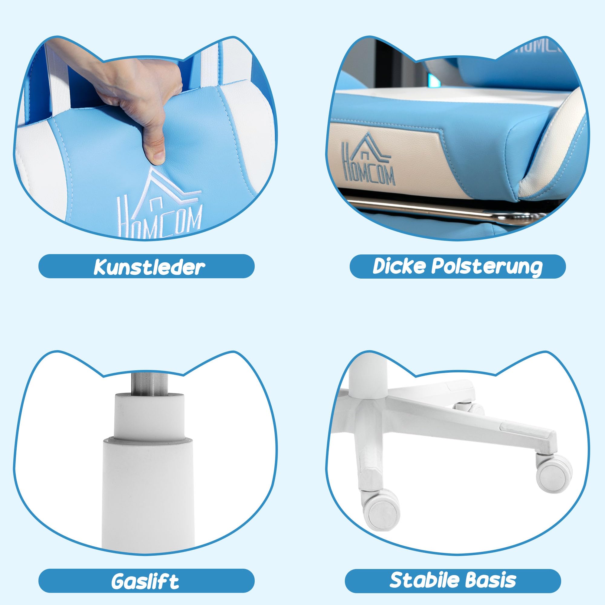 HOMCOM Fotel gamingowy, ergonomiczny fotel dla graczy z podparciem okolic lędźwiowych, podnóżek, fotel gamingowy z kocimi uszami, poduszka pod głowę, regulowana wysokość, krzesło biurowe z funkcją