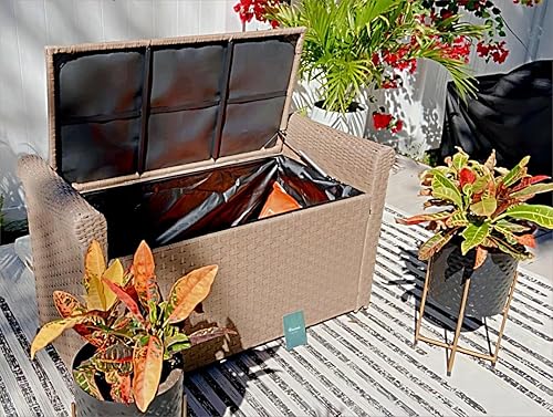 Miniatura 7 de YITAHOME Caja de cubierta de ratán de polietileno, marrón, asiento de almacenamiento para 2 personas con capacidad de peso de 800 libras,