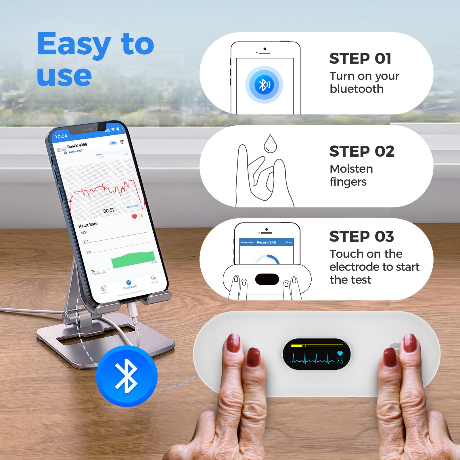 Cardiofrequenzimetro portatile, wireless per uso domestico, cardiofrequenzimetro, dispositivi di monitoraggio cardiaco, app per smartphone compatibile con iOS/Android
