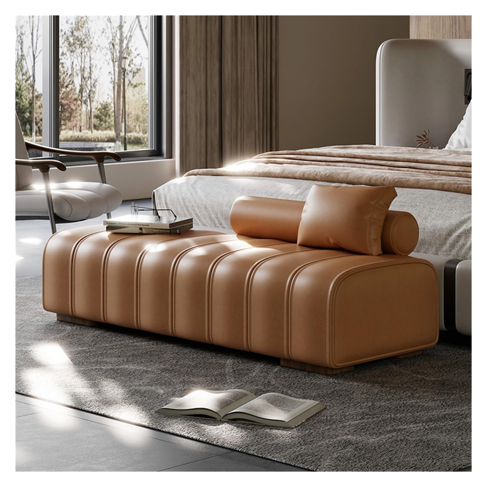 Foot Stool for Bed Faux Leather Upholstered Bed End Bench Modern Bench, Living Room Entry Bedroom Rectangular Bench Bed Step Stools for High Beds(Orange,120 * 45 * 43cm)