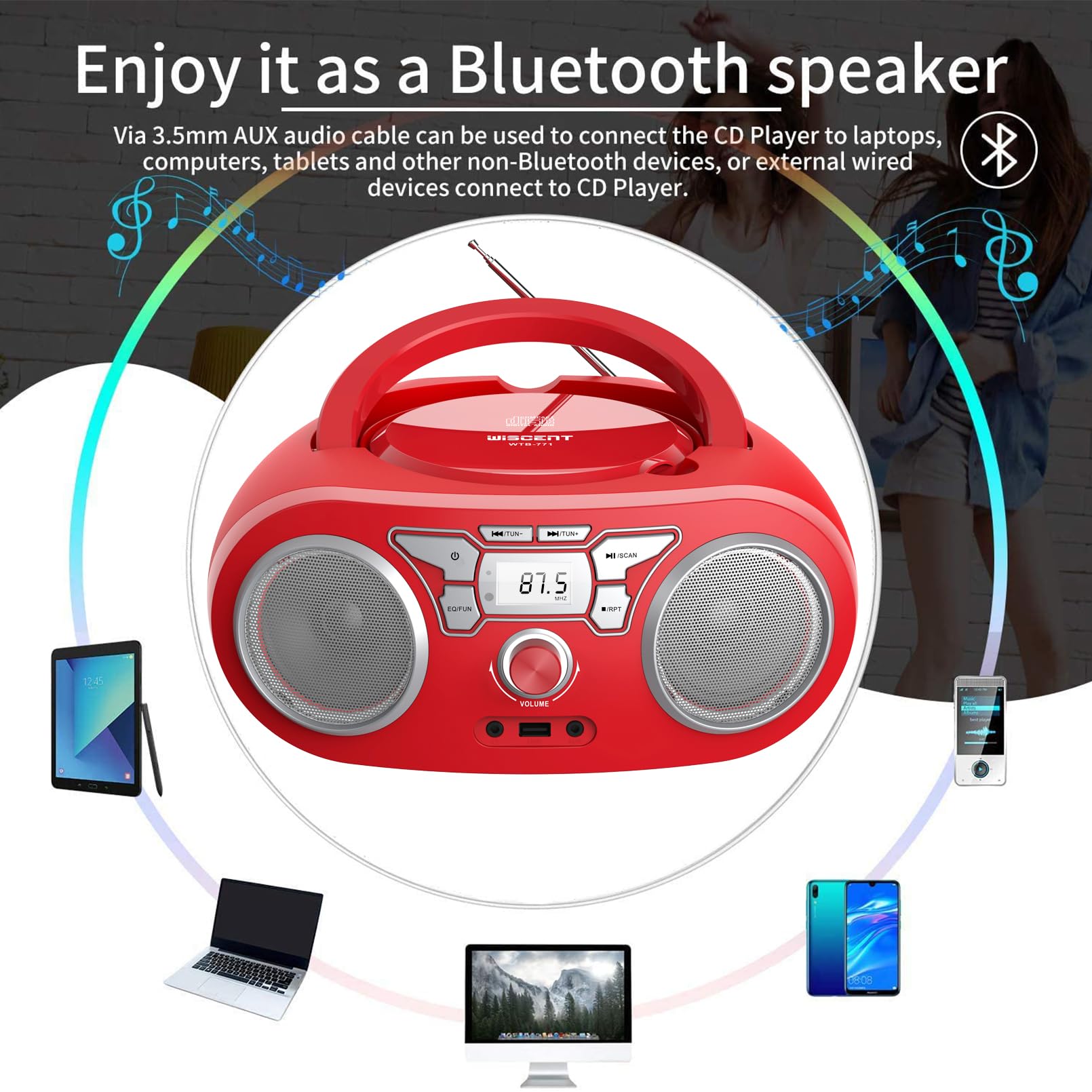 Radio CD Reproductor de CD portátil CD MP3 con Bluetooth, USB, Radio FM, Entrada Auxiliar,Sistema estéreo CD Boom Box