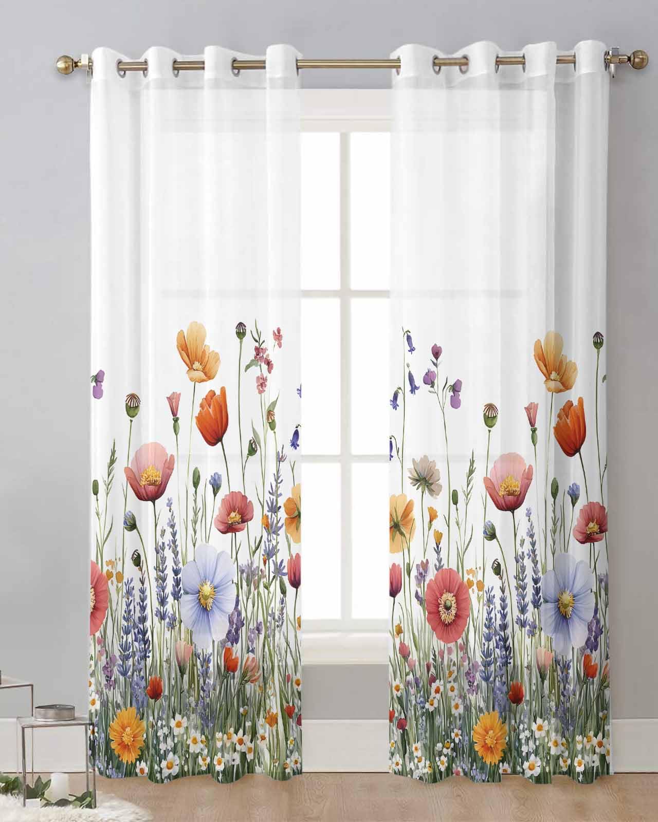Wildflower Sheer Curtains 84 Inch Length 2 Panels Set, Spring Watercolor Plant Garden Leaf Floral Grommet Kitchen Curtains Sheer Window Curtain for