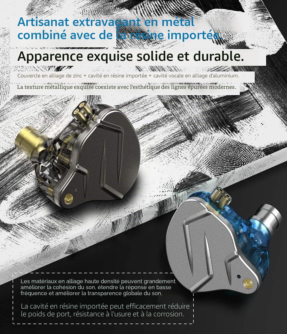 CCA KZ ZSN Pro Écouteurs intra-auriculaires à double pilote 1BA 1DD HiFi avec basse puissante Écouteurs à armature équilibrée Haute clarté du son Écouteurs filaires avec câble détachable pour