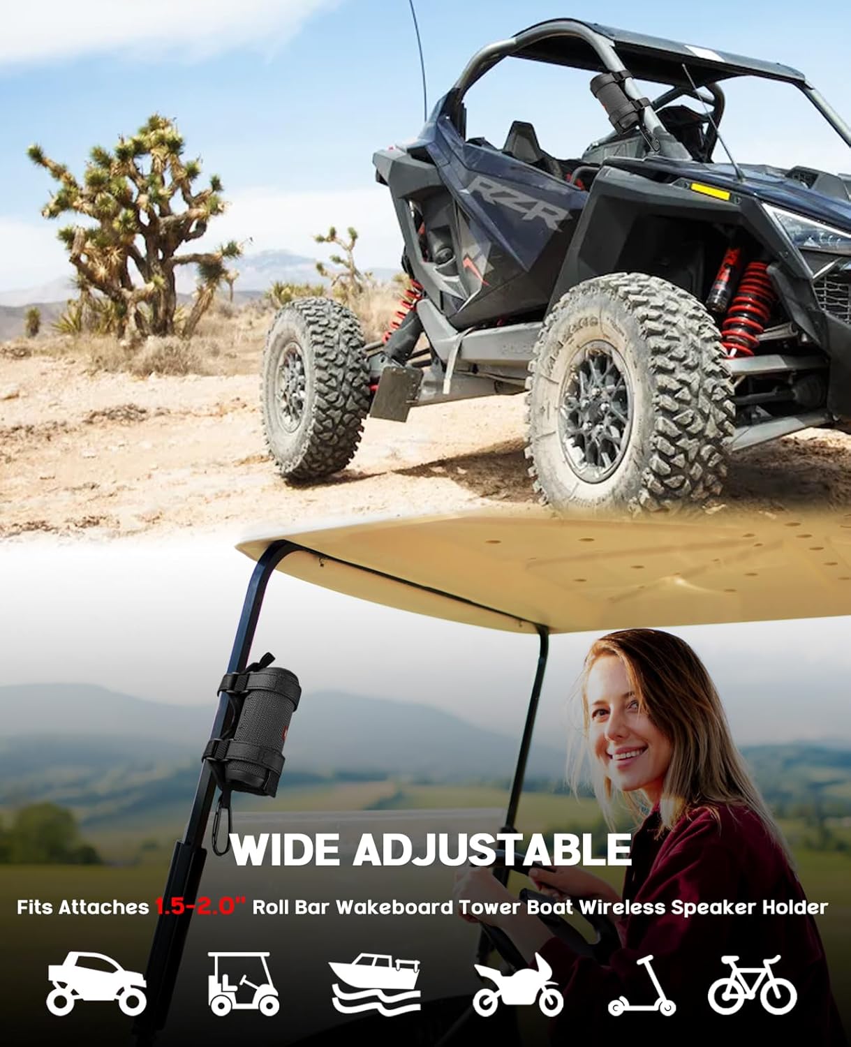 Xislet Speaker Holder for Bike with Carabiner, Adjustable Golf Cart Speaker Mount Fits JBL Charge 5 6 Flip 5 6 7 Anker Bluetooth Holder Strap for UTV ATV Ebike Scooter Boat Club Car Jet Ski - Image 5