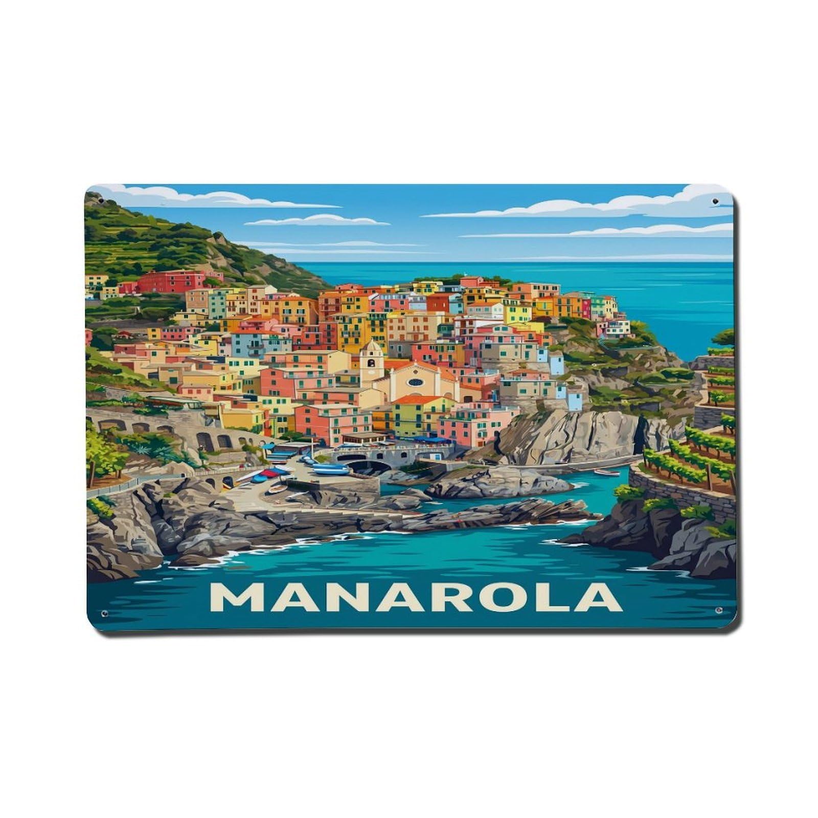 Harbor Travel Manarola Italian Riviera Vintage Metal Tin Sign Plaque Wall Decor for Cafe, Man Cave, Club Bar, Office, Home Garden Round Metal Poster 8x12Inch