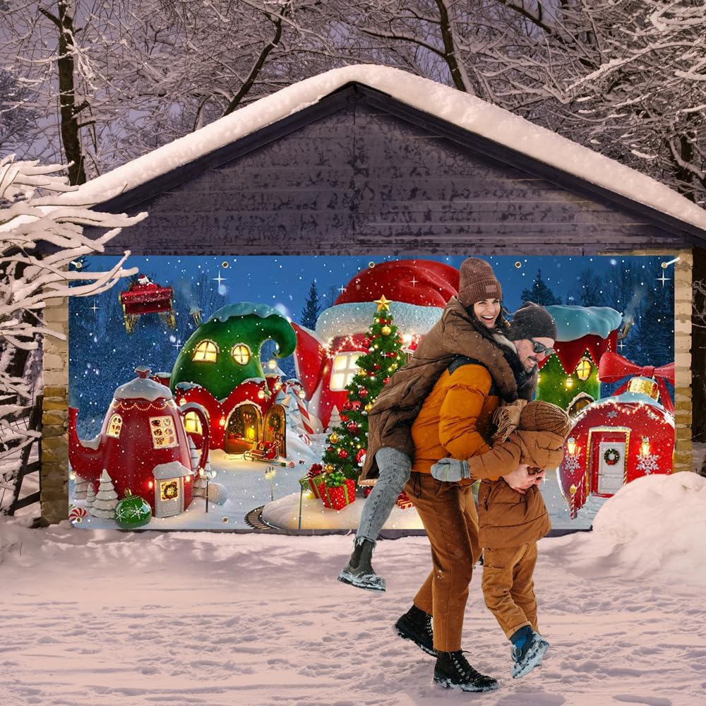 Christmas Whoville Garage Door Cover Banner, 16x7ft Holiday Outdoor Decoration with Rope, Hanging Merry Christmas Winter Xmas Tree Snow Home Festive Wall Decor Photo Backdrop Gifts