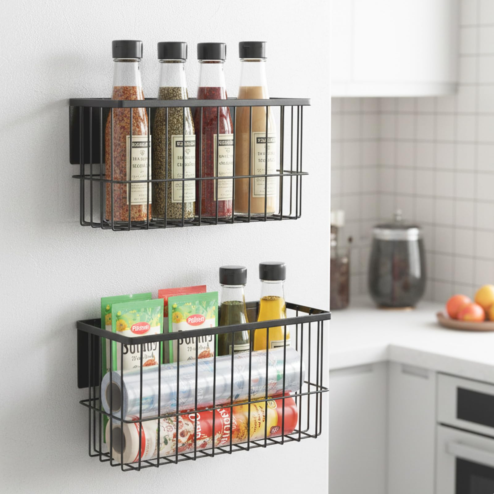 Panier de rangement magnétique noir mat en fil métallique pour cuisine (Lot de 2)