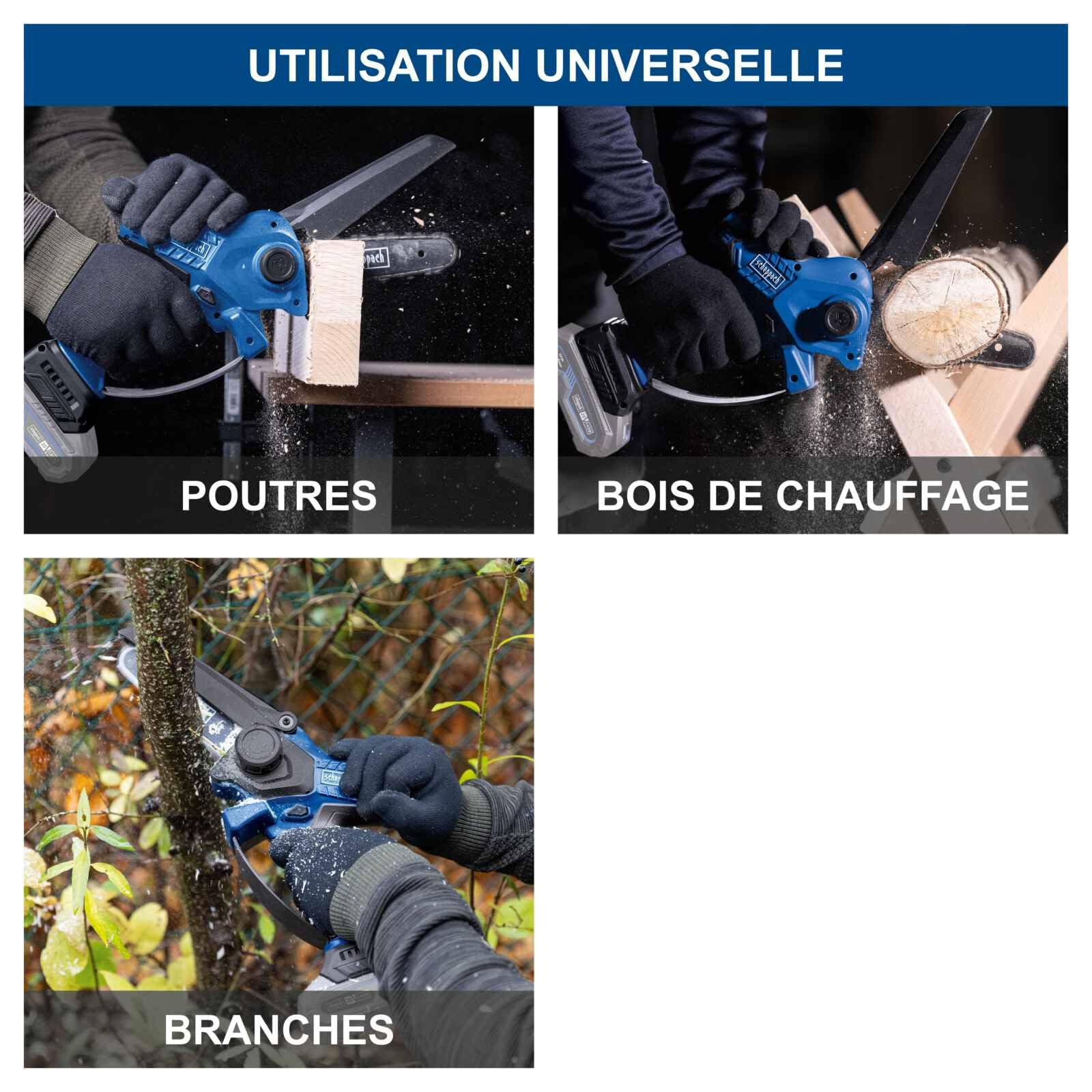 Scheppach Elagueuse à main sur batterie BC-PS150-X 20V | Brushless | Mini tronçonneuse | Longueur de coupe 150mm | Guide 6" | Vitesse de coupe 6,8 m/s | Avec batterie 2 Ah et chargeur
