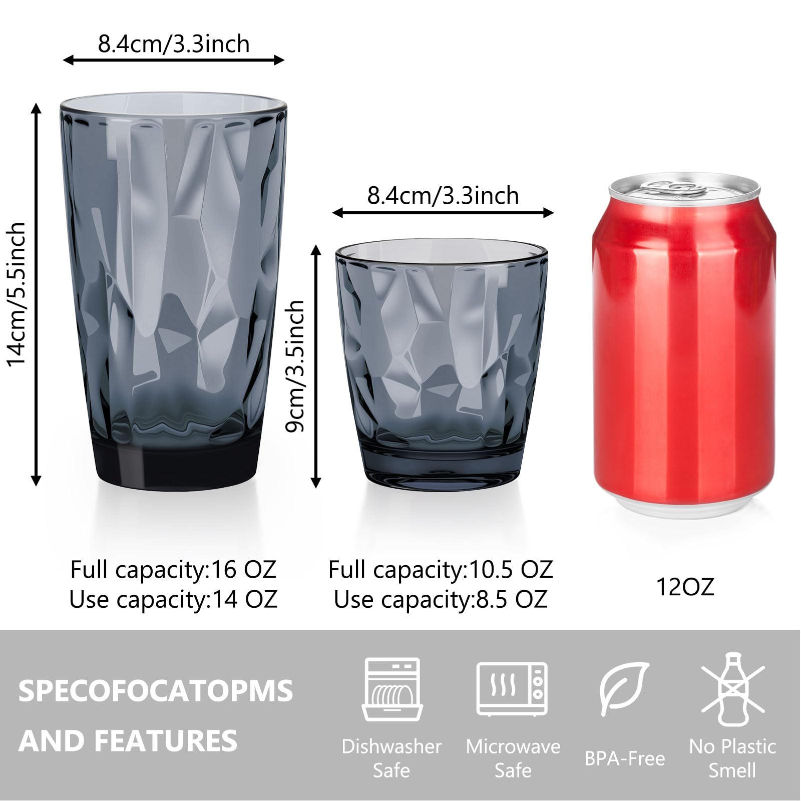 Topsky Gobelets en plastique réutilisables, incassables, en plastique acrylique incassable, pour la maison, les pique-niques, les fêtes, passent au lave-vaisselle, empilables, 300 ml et 473 ml, gris