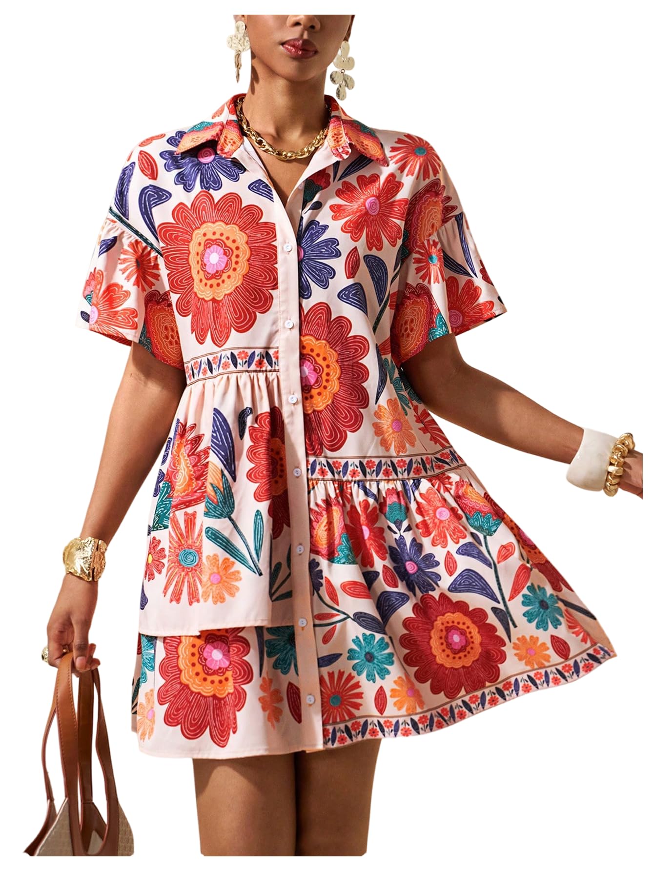 Women's Floral Ruffle Babydoll Collared Boho Short Dresses