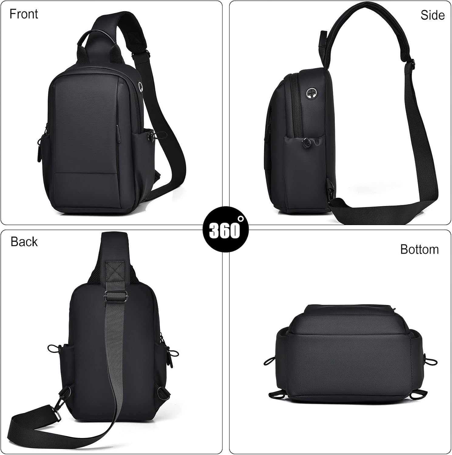 FANDARE Mens Chest Bag Sling Bags for Men Personal Flex bag Small Crossbody Sling Backpack PU film Shoulder Bag Man Bags for Work Professional Office Travel Satchel Bag with Earphone Hole Black