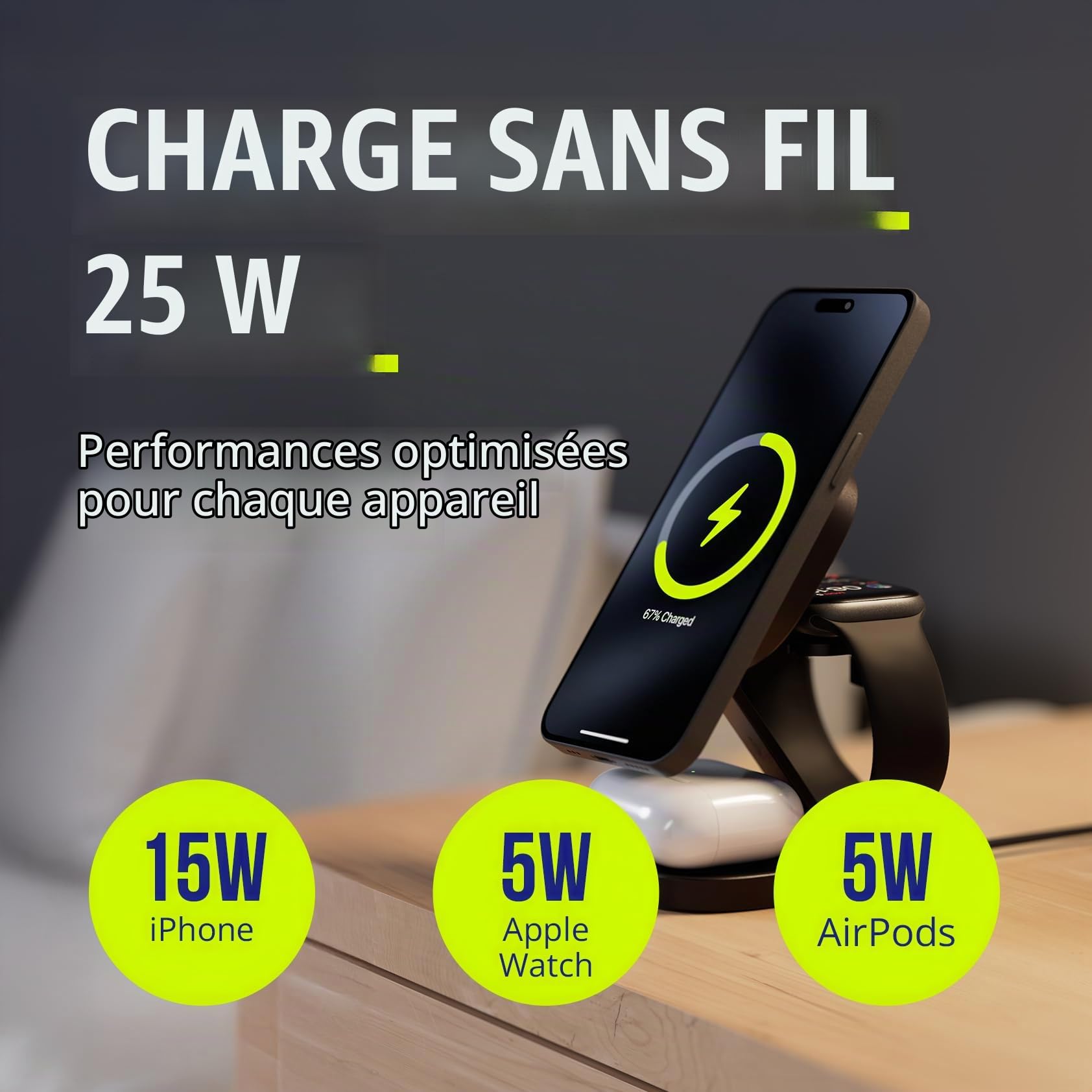 Chargeur 3 en 1 25 W - Station de Charge sans Fil Pliable pour iPhone, Apple Watch et AirPods - Mini Support de Charge sans Fil avec LED et USB-C - Compatible avec Qi et MagSafe - Graphite