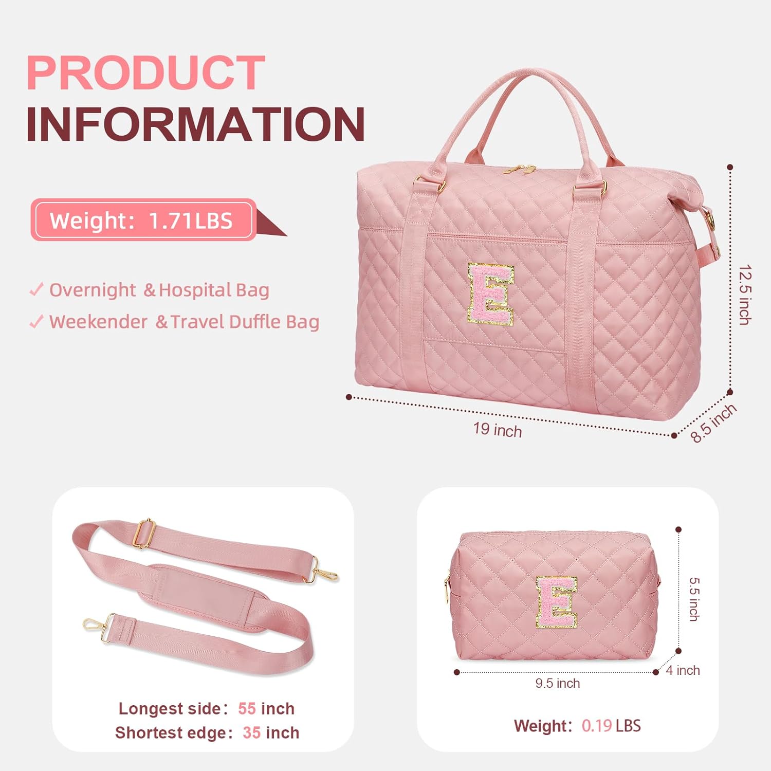 Gifts for Teen Girl, Initial Travel Duffle Bag, Personalized Women Weekender Overnight Bags, Gift for Daughter Kid Girl Wife Friend（Pink,E) - Image 4