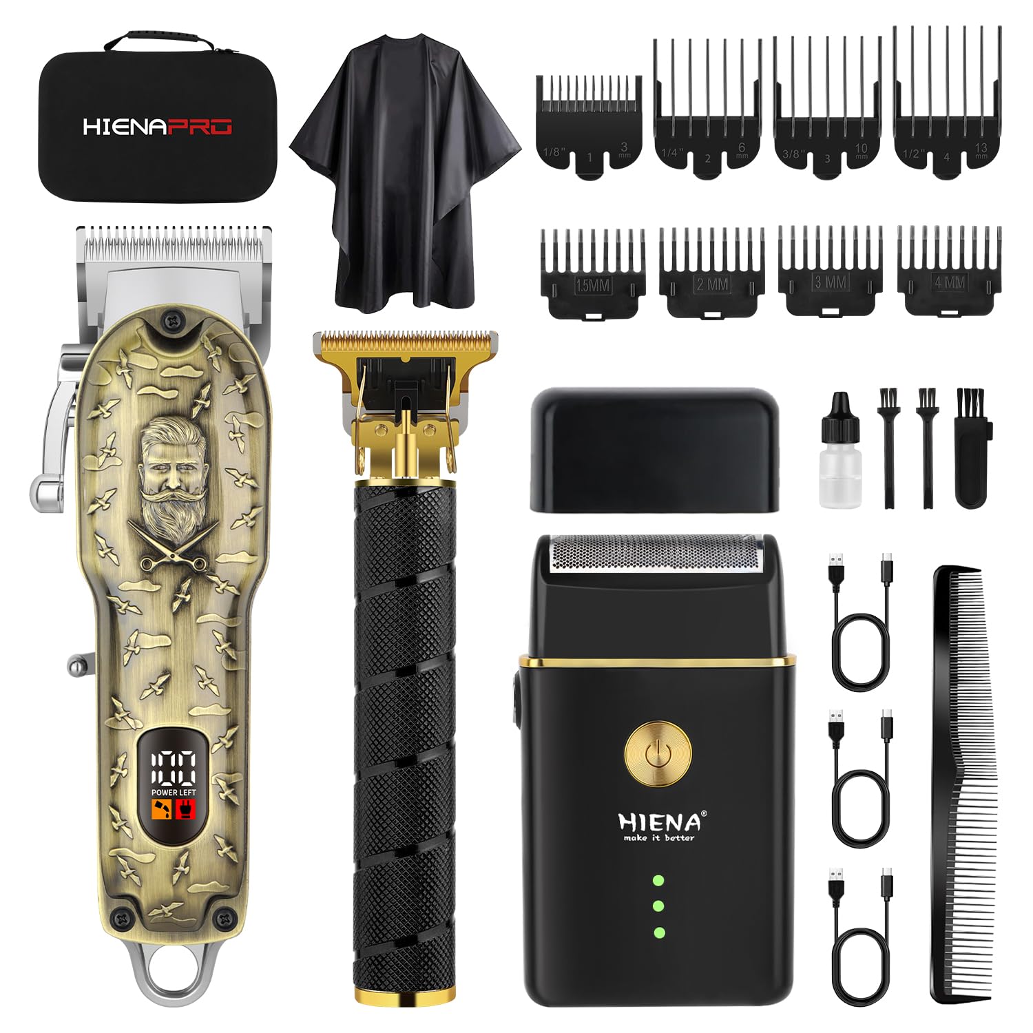 HIENA PRO Haarschneidemaschine-Set & Trimmer-Kit für Männer, professioneller elektrischer Bartschneider und Folienrasierer, Gesichtspflegewerkzeuge, USB-Aufladung, perfekte Geschenke für Männer