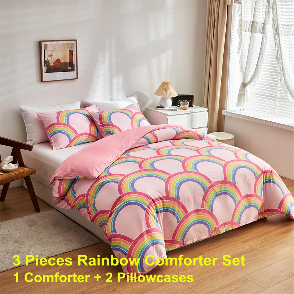 Pink Girls Twin Comforter Set, Glow in The Dark 3 Pieces Rainbow Comforter with 2 Pillowcases, Soft Microfiber Girls Twin Bedding Set for Kids Teens Washable Lightweight All Season Use - Image 2
