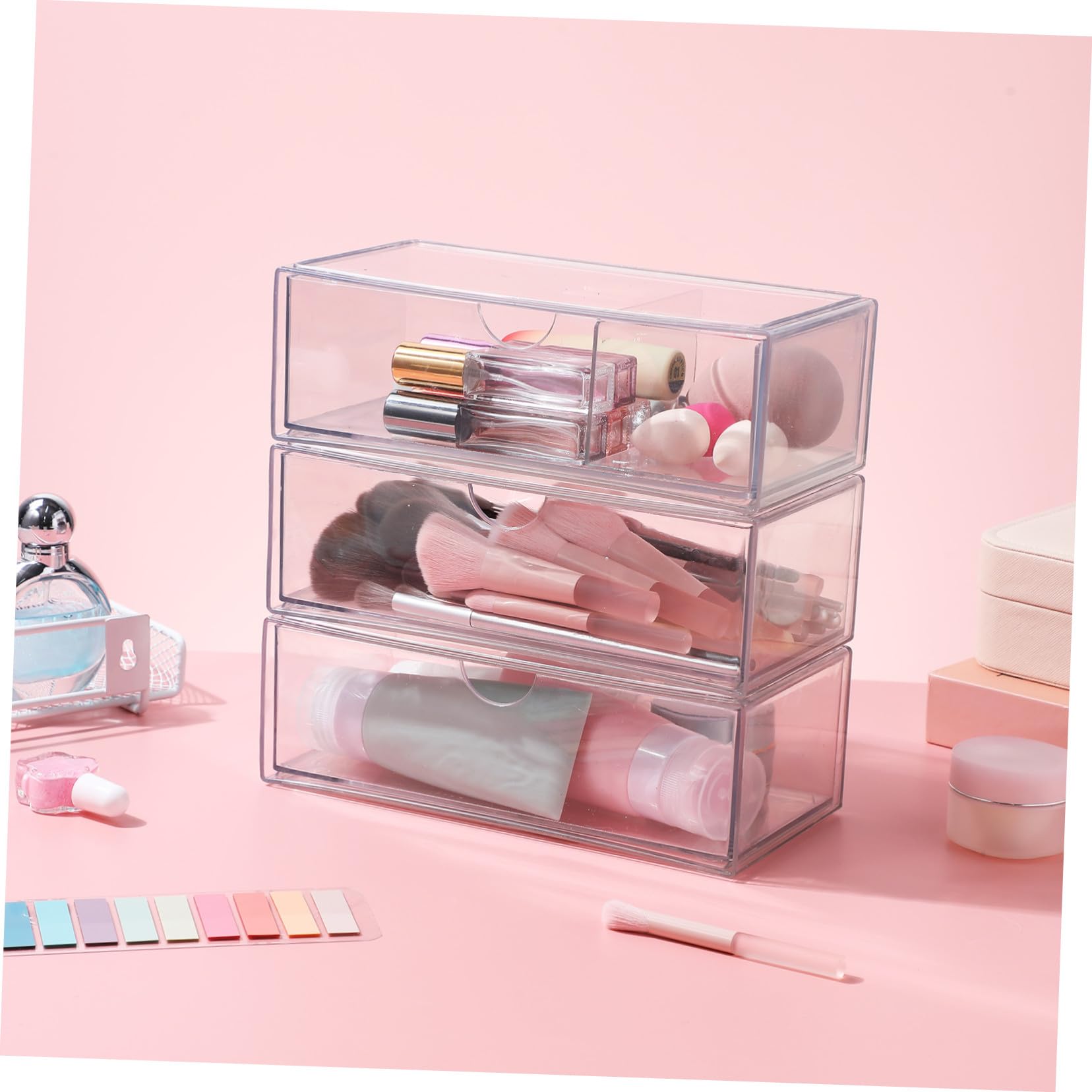 3 piezas Caja Organizadora Maquillaje Transparente con Tapa Organizador de Cosméticos con Compartimentos para Lápices Labiales y Algodón Almacenamiento Compacto y Resistente para