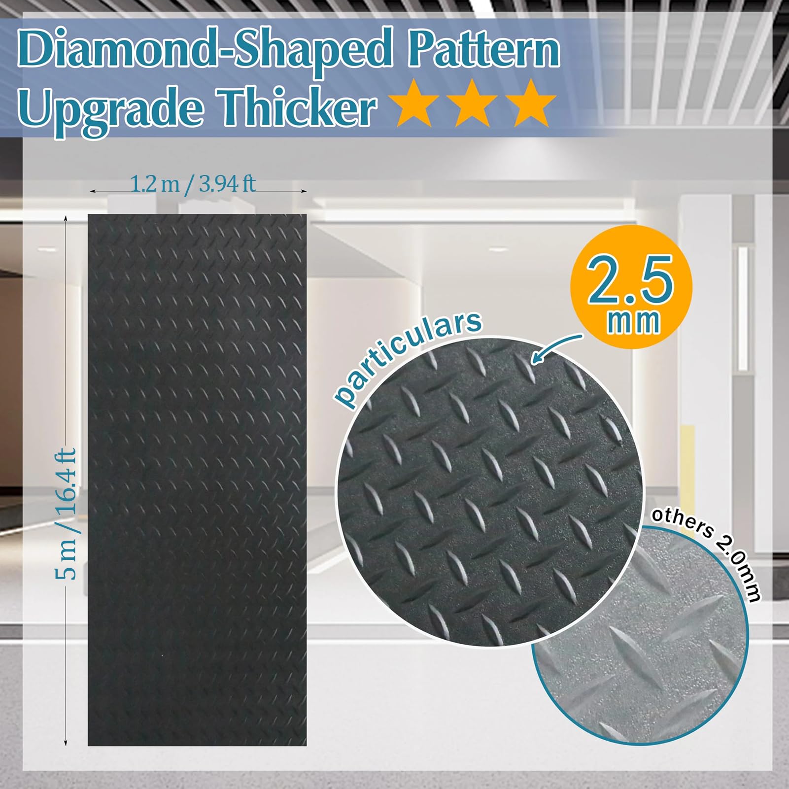 Rollos de Piso de Caucho con Placa de Diamante, 4 x 16.4 pies Tapete para Piso de Garaje Tapete de Caucho de PVC para Remolque para Garaje, almacén, gimnasios y camionetas