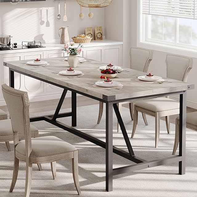 IDEALHOUSE Dining Table for 8 People, 71-inch Rectangular Wood Kitchen Table with Strong Metal Frame, Industrial Large Long Dining Room Table, for Big Family, Dining & Living Room, Retro Gray