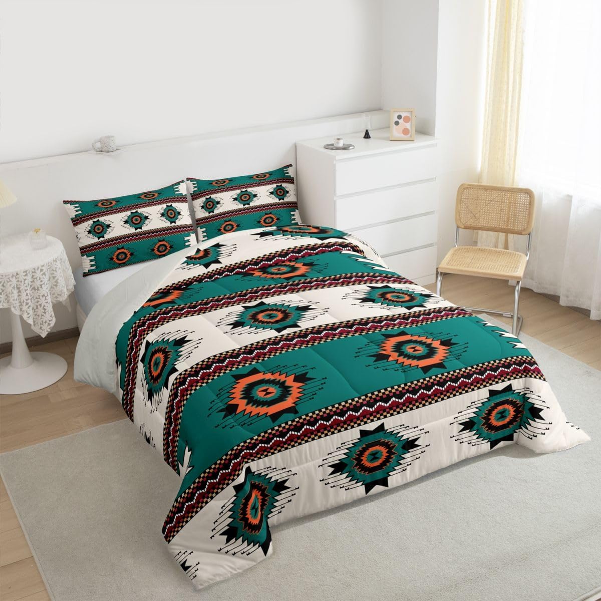 Feelyou Boho Comforter Set Queen Size Southwestern Bedding Set for Kids Boys Girls Green Aztec Southwest Duvet Quilt Tribal Geometric Designs Bedroom Decor Ethnic Prints 3 Pcs with 2 Pillow Cases