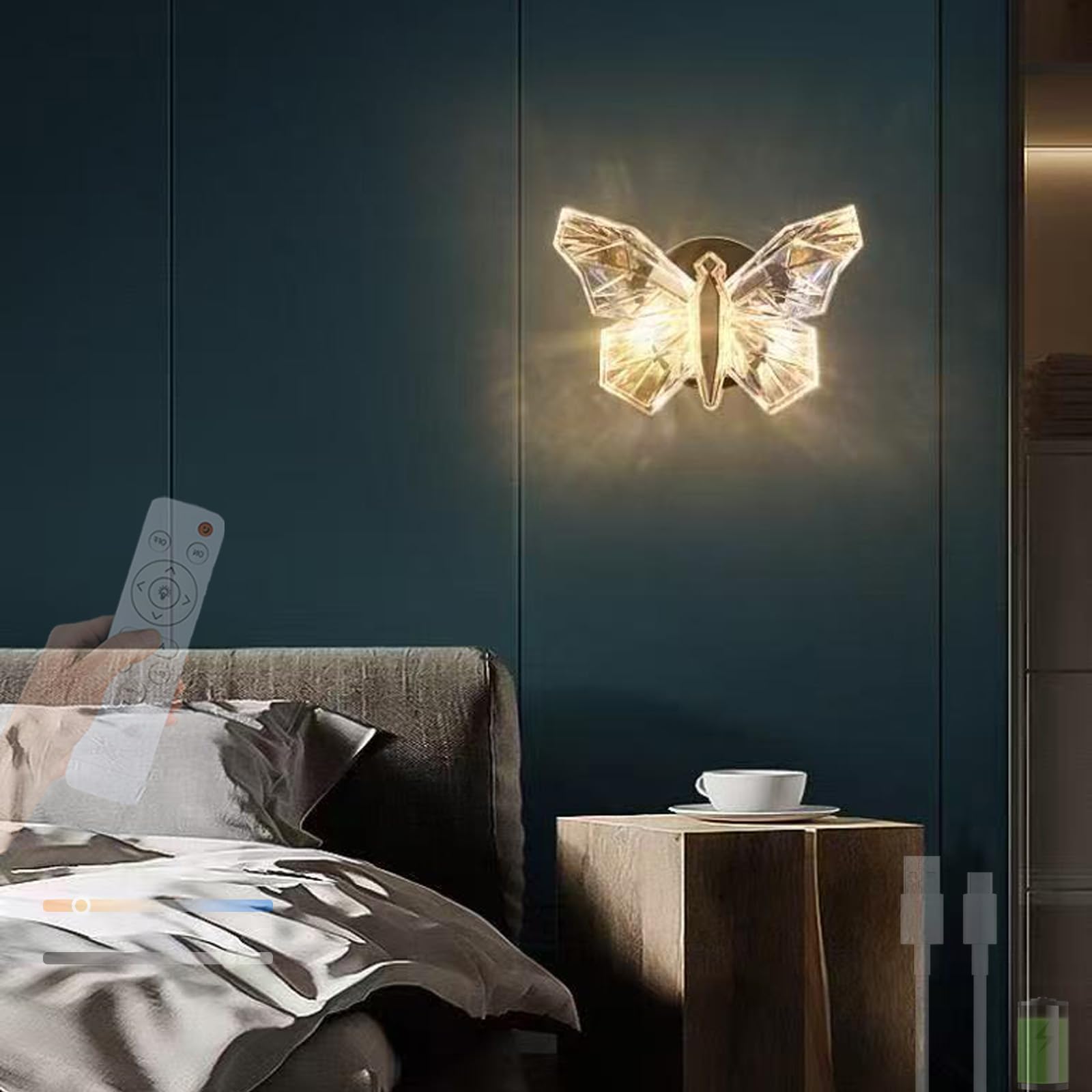 Aplique de pared LED mariposa regulable dorado con mando y USB para salon 8