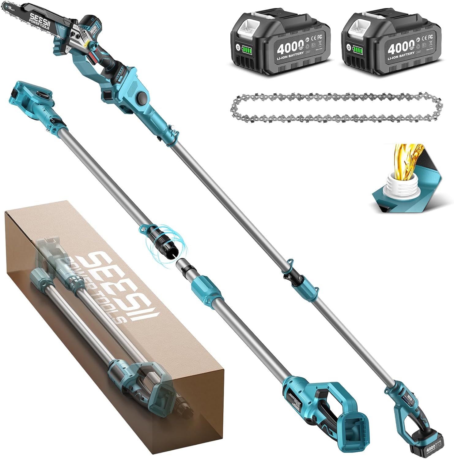 SEESII 10-Inch 2-in-1 Cordless Pole Saw & Mini Chainsaw, 21V Battery Powered Brushless Electric Tree Trimmer with Extension Pole, 2×4000mAh Batteries, Automatic Oiling,Lightweight Handheld Pruner