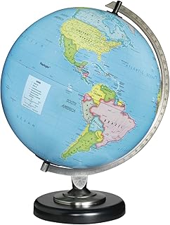 Day/Night Illuminated, Two-Way Map, 12" Diameter Globe, USA Cartography,Sturdy Metal Base and Blue Ocean Globe Ball.Provoke the imagination in new ways. The Day globe shows the striking colors of a blue ocean political map when not lit. Turn the light on and witness the incredible change to the sky at night. The Night globe names and shows 88 constellations and more than 35 of the brightest stars. This unique globe is great as night light and it features a black base and pewter plated die-cast semi-meridian.