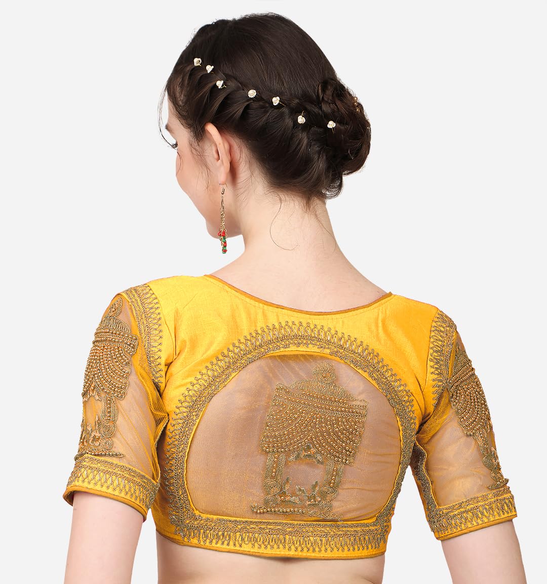 Pujia Mills Women's Multicolor Temple Embroidery Net Back Sequence Khatli Work Sleeves Design Phantom Silk Readymade Blouse For Saree And Lehenga Choli