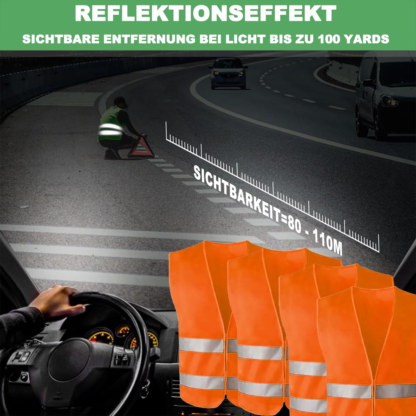 Kamizelki ostrzegawcze do samochodu, 4 sztuki, kamizelka odblaskowa dla dorosłych, 360°, kamizelka odblaskowa, rozmiar uniwersalny, na noc, dla pracowników budowlanych, kierowców