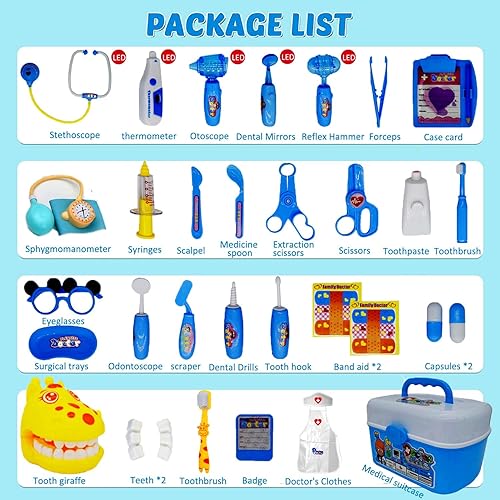 Miniatura 6 de Kit de médico para niños, 32 piezas de juguetes de doctor, juego de dentista con estetoscopio y esfigmomanómetro, juego de rol de doctor para niños