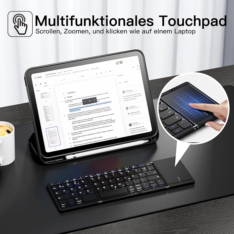 Vobafe Bluetooth Összecsukható Billentyűzet Touchpaddal, Hordozható Vezeték Nélküli Mini Billentyűzet QWERTZ - 2-black
