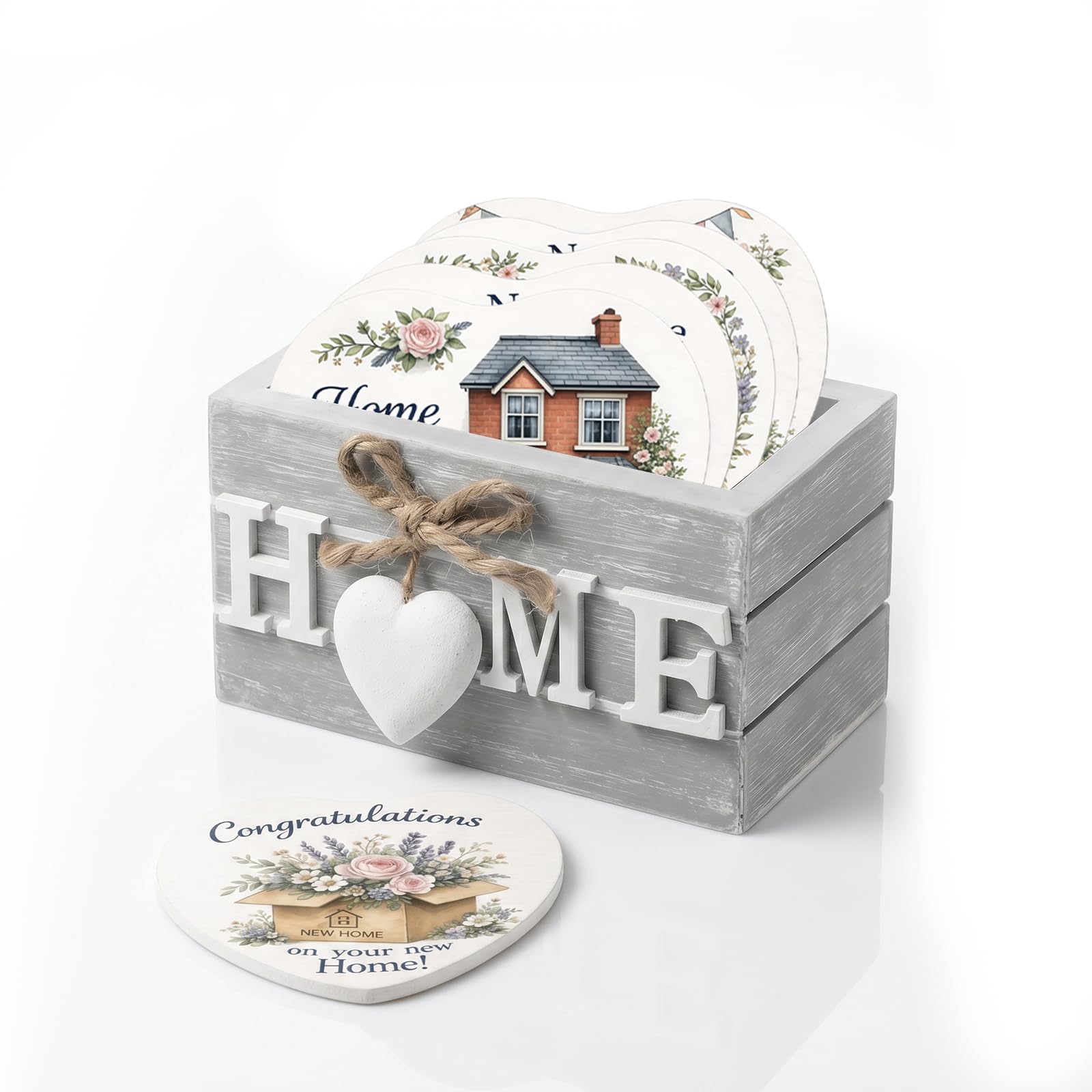 New Home Gifts 6 Heart Shaped Wooden Coasters In Grey Storage Box Set Elegant Living Room Accessories Practical Present Beautiful Rustic Style Home Decoration