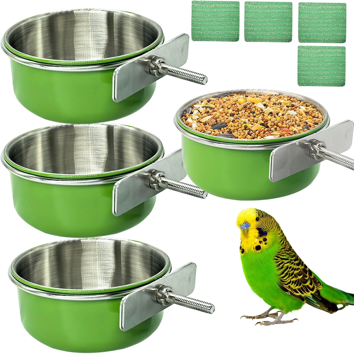 4 Pcs Parrot Feeding Dish Cups,Stainless Steel Bird Food Water Feeder Bowls | Parrot Cage Feeder with Clamp Holder Small Bird Feeding Cup for Parakeet Cockatiels Conure Budgies Chinchilla Small Animal