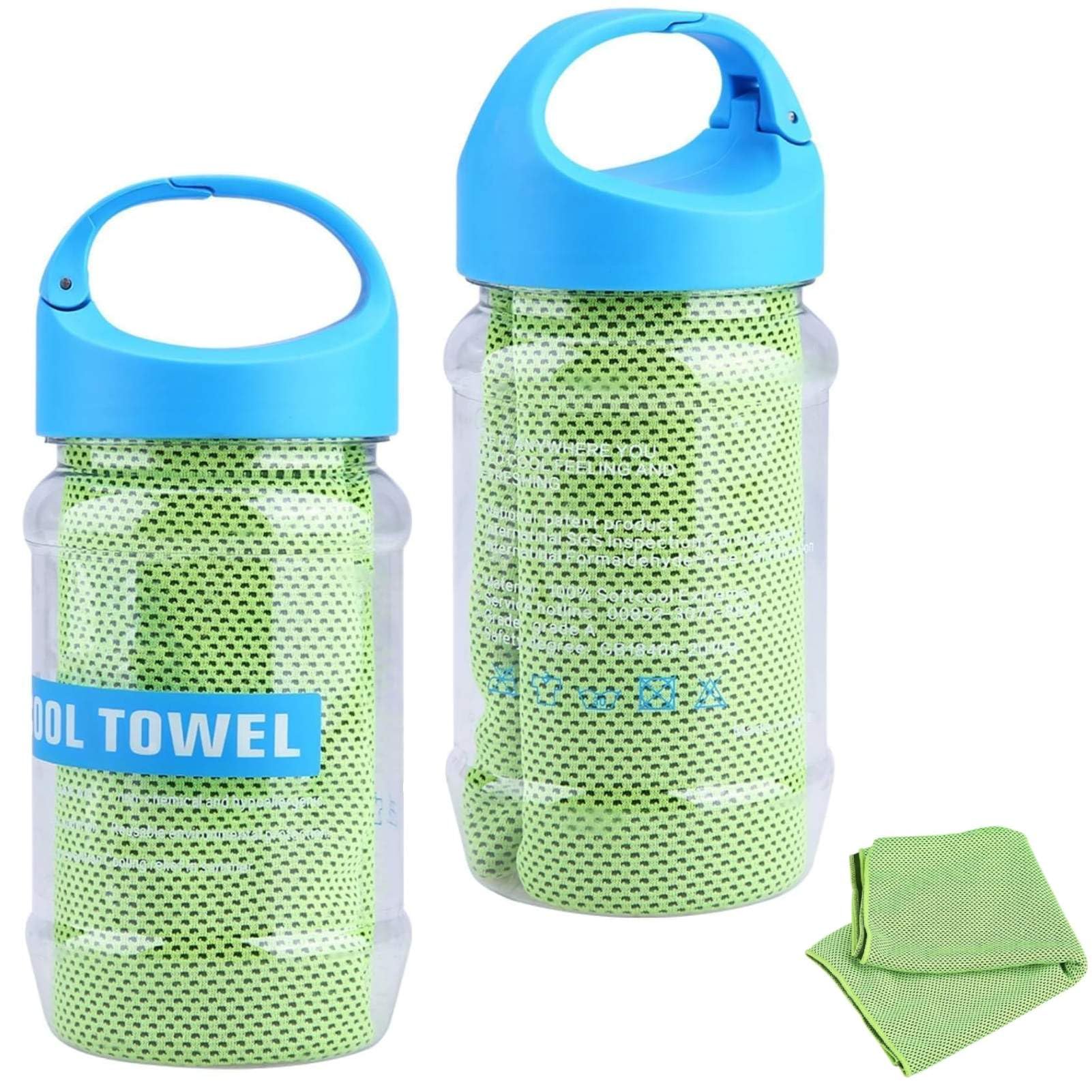 Kukyller Cooling Towel, 2PCS 100x30cm Ice Towel with Storage Bottle Sweat Towel for Neck and Face Yoga Sport Running Gym Camping Workout(Green)