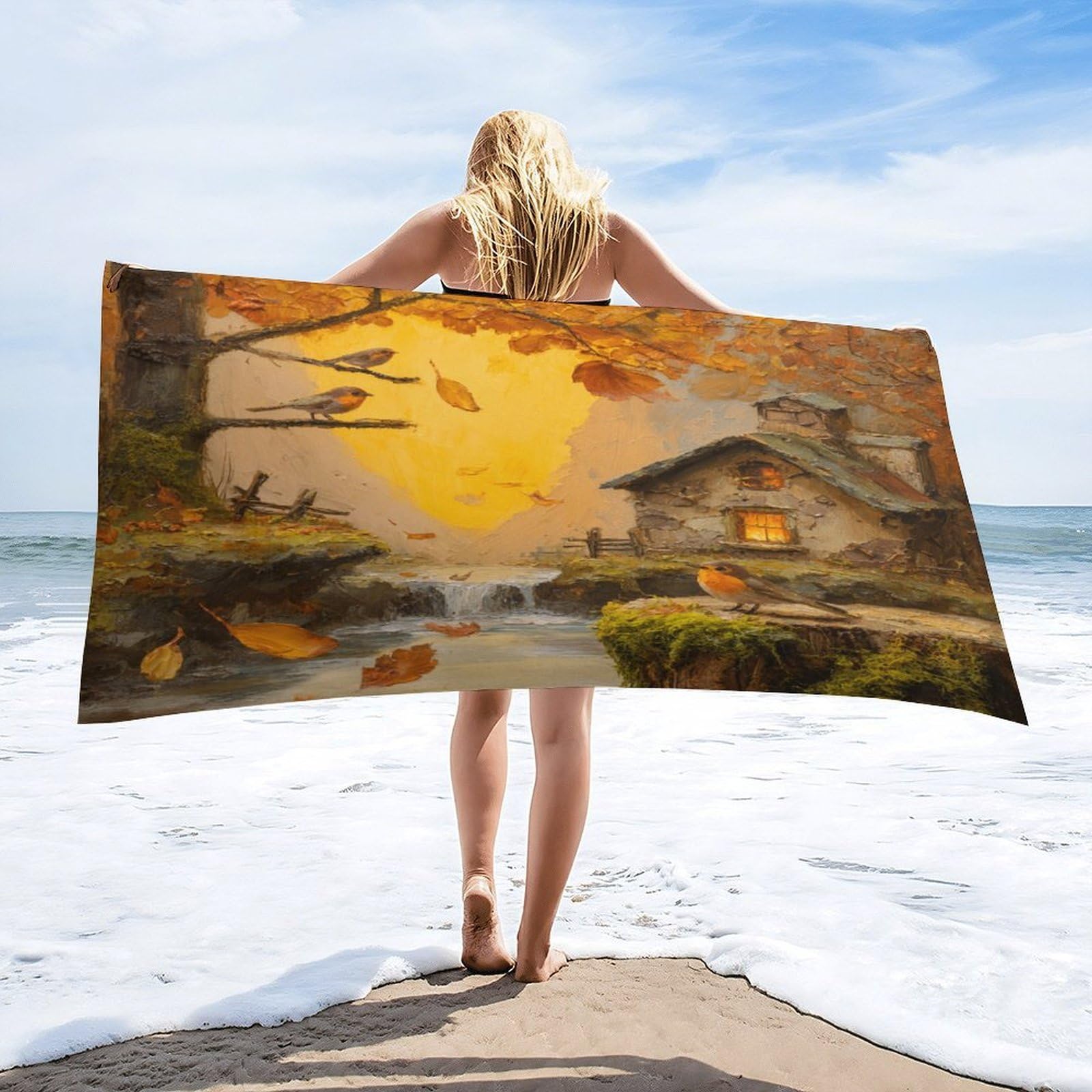 Luyysky Fantasy Colorful Log Cabin Quick-Drying Beach Towel, Retro Oil Painting Autumn Plant Maple Trees Animal Birds Travel Vacation Single Sided Pile Bathroom Towels-80 W Cm X 160" L Cm