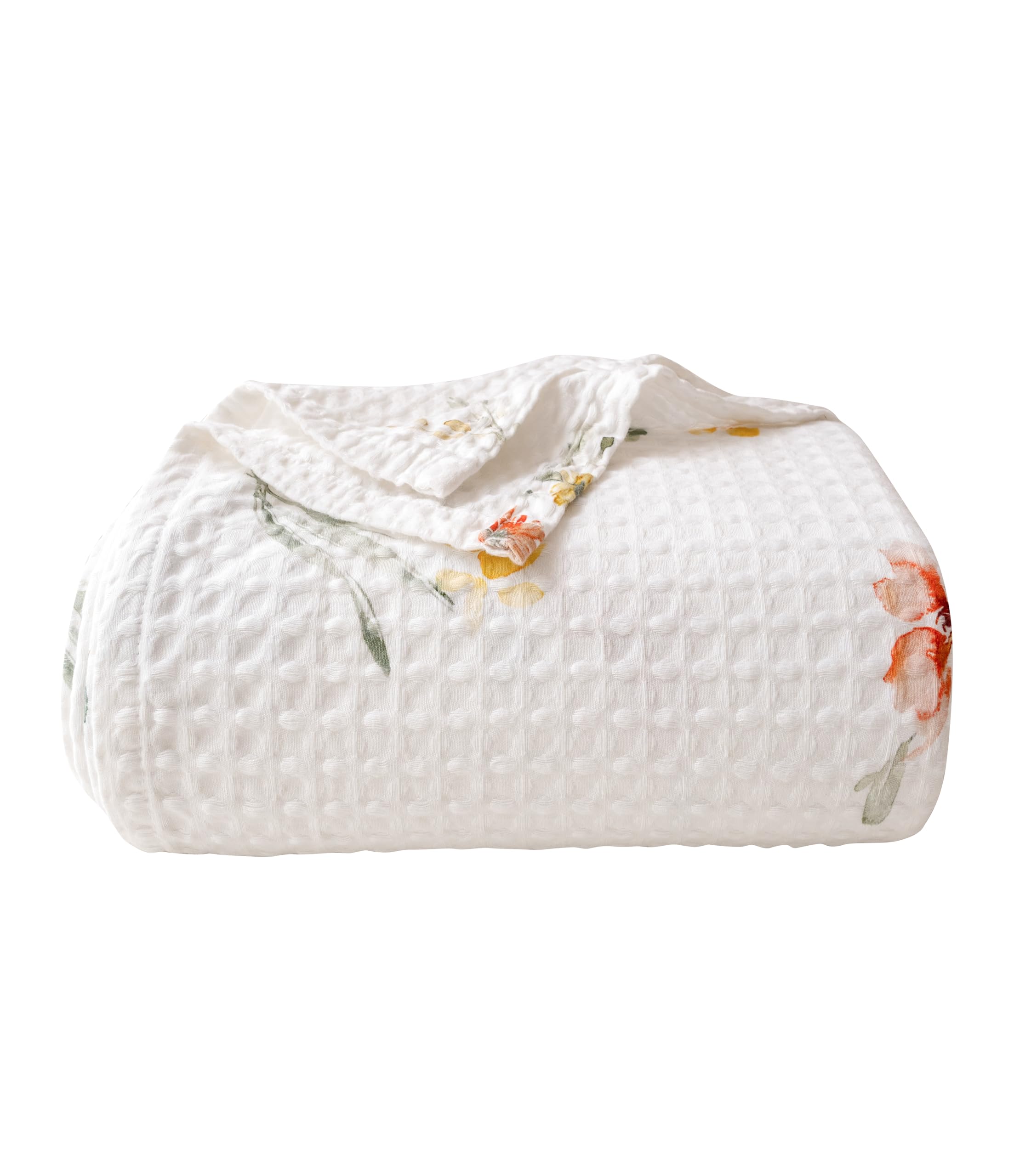 CHUFFED 100% Baumwolle Decke 270x230 cm, Weiche Atmungsaktive Tagesdecke Waffelmuster Blumenmuster Leichte Decke als Sofadecke Couchdecke Kuschelige Wohndecke Wohnzimmer Sofa Couch White Blumendruck