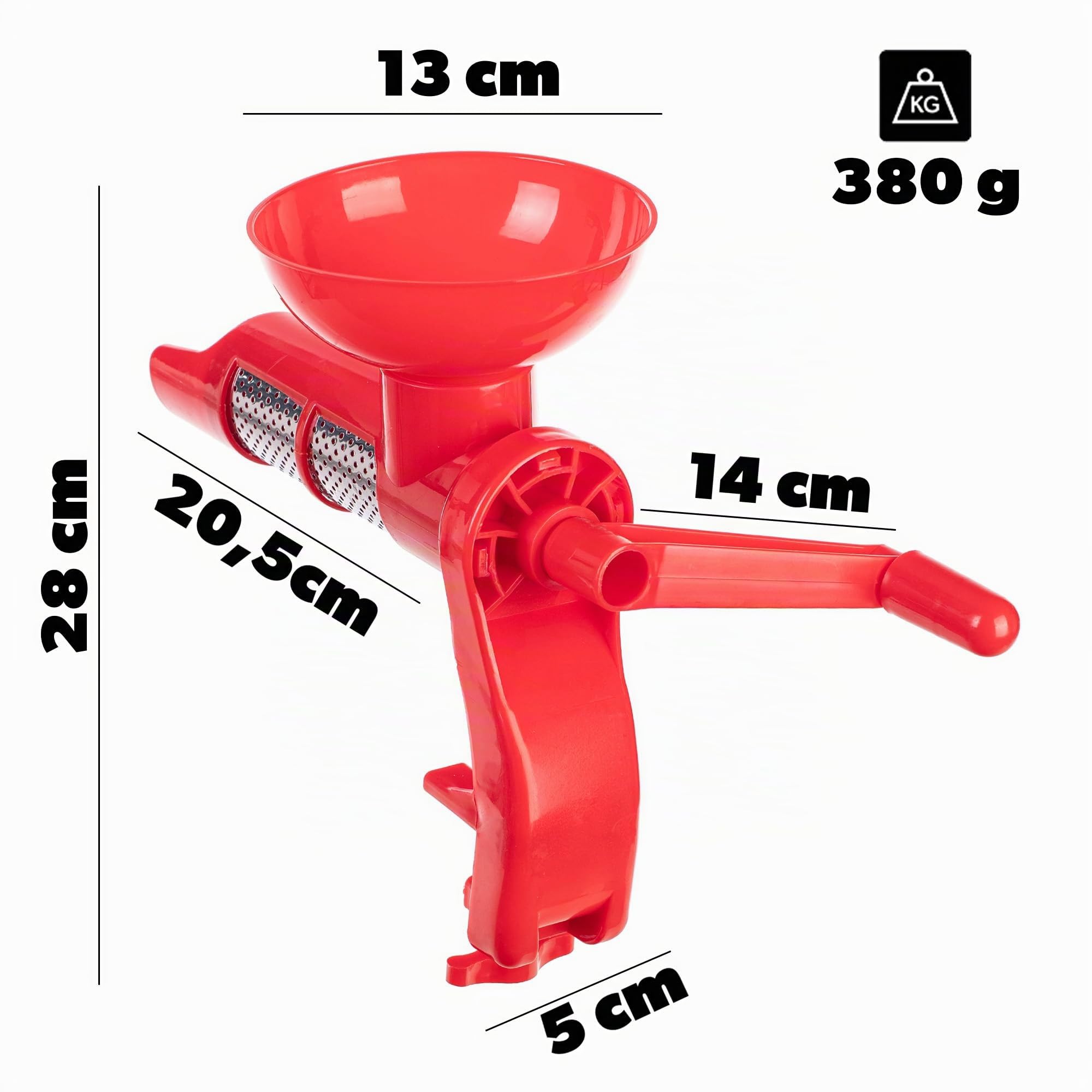 KADAX Manuelle Tomatenpresse, Passiermühle aus Edelstahl und Kunststoff, Tomaten Entsafter, Passiermaschine mit Handkurbel, Trichter, Passiersieb & Tischklemme
